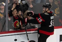 Ottawa Senators right wing Drake Batherson celebrates his game winning goal in overtime against the Pittsburgh Penguins in NHL action, Tuesday, March 12, 2024 in Ottawa.  THE CANADIAN PRESS/Adrian Wyld
