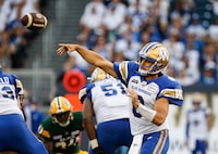 Playing on Labour Day certainly agrees with Zach Collaros. The veteran quarterback is 6-0 on the holiday weekend heading into Winnipeg's contest Sunday night versus the Saskatchewan Roughriders at Mosaic Stadium. Collaros (8) throws against the Edmonton Elks during first half CFL action in Winnipeg, Thursday, July 20, 2023. THE CANADIAN PRESS/John Woods