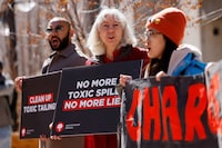 Demonstrators rally against Imperial Oil’s ongoing tailings pond leak, in downtown Ottawa, Ontario, Canada April 20, 2023. REUTERS/Blair Gable