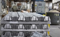 Aluminum ingots are stacked at Mitchell Aerospace, Inc., a manufacturer of light alloy sand castings for the aerospace industry, in Montreal in Sept. 9, 2022.
