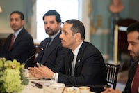 FILE PHOTO: Qatar's then deputy prime minister and foreign minister, Mohammed bin Abdulrahman Al Thani, speaks during a meeting with U.S. Secretary of State Antony Blinken, in Washington, U.S. February 10, 2023. Kevin Wolf/Pool via REUTERS