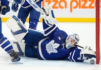 Toronto Maple Leafs goaltender Ilya Samsonov (35) reaches back to make a save against the Florida Panthers during first period NHL hockey action in Toronto on Monday, April 1, 2024. THE CANADIAN PRESS/Frank Gunn
