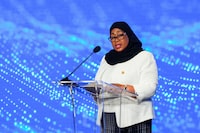 The Republic of Tanzania's President Samia Suluhu Hassan speaks during the Oslo Energy Forum, which is held at the Scandic Holmenkollen Park hotel in Oslo, Norway, Wednesday Feb. 14, 2024. (Ole Berg-Rusten/NTB Scanpix via AP)