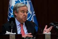 United Nations Secretary-General Antonio Guterres speaks to reporters during a news conference, in Baghdad, Iraq, Wednesday, March 1, 2023. (AP Photo/Hadi Mizban)