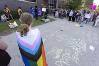 A community event takes place outside Hagey Hall to focus on supporting one another and making everyone feel safe in Waterloo, Ontario on Thursday, June 29, 2023.&nbsp;The CEO of an advocacy group says Canada's approximately 100 universities are likely reevaluating both security and inclusivity initiatives on campus in the wake of a triple stabbing at an Ontario university that police allege was motivated by hate. THE CANADIAN PRESS/Nicole Osborne