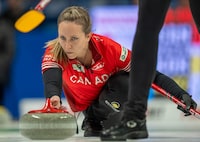 Canada skip Rachel Homan delivers a shot in World Women's Curling Championship playoff action against Korea in Sydney, N.S. on Saturday, March 23, 2024. THE CANADIAN PRESS/Frank Gunn