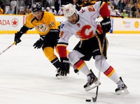 FILE - Calgary Flames center Akim Aliu (29) controls the puck against Nashville Predators defenseman Victor Bartley (64) during the first period of an NHL hockey game April 23, 2013, in Nashville, Tenn. After years of feeling alienated by the NHL and campaigning to diversify the sport, Akim Aliu is getting one more shot at playing pro hockey, this time with the San Jose Sharks minor-league affiliate. Sharks general manager Mike Grier informed reporters at the league’s GM meetings in Florida on Wednesday, March 20, 2024, that he offered Aliu a tryout contract with the American Hockey League San Jose Barracuda for the remainder of the season. (AP Photo/Mike Strasinger, File)