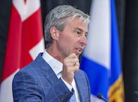 Tim Houston fields questions at a media availability after winning a majority government in the provincial election in New Glasgow, N.S., on Wednesday, Aug. 18, 2021. THE CANADIAN PRESS/Andrew Vaughan