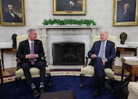 FILE PHOTO: U.S. President Joe Biden hosts debt limit talks with House Speaker Kevin McCarthy (R-CA) in the Oval Office at the White House in Washington, U.S., May 22, 2023. REUTERS/Leah Millis