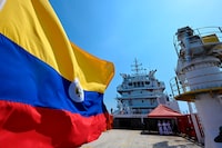 View of the Colombian Navy ship ARC Caribe docked in the port of Cartagena, Colombia on February 23, 2024. The Colombian government announced Friday the beginning of the extraction with a robot of ceramics, pieces of wood, and shells of "incalculable value" that are part of the treasure of the Spanish galleon San José, submerged for three centuries in the Caribbean. (Photo by Luis Acosta / AFP) (Photo by LUIS ACOSTA/AFP via Getty Images)