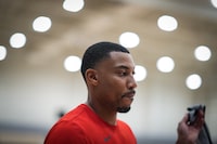Toronto Raptors forward Otto Porter Jr. walks off the court to talk to reporters during the opening day of the NBA basketball team's training camp, in Burnaby, B.C., on Tuesday October 3, 2023. THE CANADIAN PRESS/Darryl Dyck