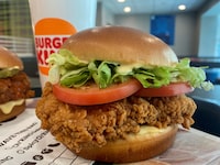 FILE PHOTO: Burger King's new chicken sandwich "Ch'King" is seen on display in New York, NY, U.S. May 19, 2021. It will be on menus in U.S. in June. REUTERS/Aleksandra Michalska/File Photo