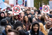 Students protest against the Quebec government’s planned tuition hikes for out-of-province students attending English universities in Montreal, Monday, Oct. 30, 2023.  THE CANADIAN PRESS/Christinne Muschi