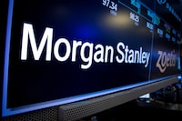 A screen displays the trading information for Morgan Stanley on the floor of the New York Stock Exchange (NYSE) on Jan. 19, 2022