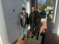 Kayle Jones, 61 (left) and David Evans, 41, outside the Cathedral of Praise in Augusta, Georgia February 25, 2024. 
