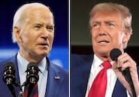 In this combination photo, President Joe Biden speaks May 2, 2024, in Wilmington, N.C., left, and Republican presidential candidate former President Donald Trump speaks at a campaign rally, May 1, 2024, in Waukesha, Wis. Just six months before Election Day, Biden and Trump are locked into the first presidential rematch in 68 years that is at once deeply entrenched and highly in flux as many voters are only just beginning to embrace the reality of the 2024 presidential election. (AP Photo)
