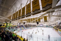 The Humboldt Broncos take on the Nipawin Hawks in the first round of Saskatchewan Junior Hockey League playoffs at the Elgar Petersen Arena in Humboldt, Sask., on Friday, March 17, 2023. Banners in the arena represent the people who were in the deadly Humboldt bus crash in 2018. THE CANADIAN PRESS/Liam Richards
