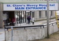 The main entrance to St. Clare's Mercy Hospital is shown in St. John's on Tuesday, Jan. 11, 2022. Newfoundland and Labrador is extending its Come Home Year 2022 tourism theme to doctors, nurses and paramedics in an effort to recruit more medical professionals. The CANADIAN PRESS/Paul Daly