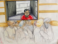Karan Brar, one of the three individuals charged with first-degree murder and conspiracy to commit murder in relation to the murder in Canada of Sikh separatist leader Hardeep Singh Nijjar in 2023, appears by video link as members of the Sikh community attend in Surrey Provincial Court in Surrey, British Columbia, Canada May 7, 2024 in a courtroom sketch.  REUTERS/Felicity Don  NO RESALES. NO ARCHIVES. CANADA TV OUT. NO ACCESS TV IN CANADA.  MANDATORY CREDIT