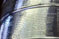 Former Chicago Blackhawks trainer Brad Aldrich’s name, etched on a replica of the Stanley Cup, is photographed in the Hockey Hall of Fame, in Toronto, on Friday, October 29, 2021. (Christopher Katsarov/The Globe and Mail)