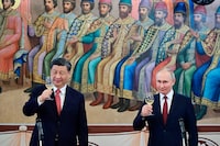 FILE - Russian President Vladimir Putin, right, and Chinese President Xi Jinping toast during their dinner at The Palace of the Facets in the Moscow Kremlin, Russia, March 21, 2023. Russian threats to nuke Ukraine. China’s belligerent military moves around rival Taiwan, its growing ties with Moscow and its growing assertiveness throughout Asia. North Korea’s unprecedented run of weapons testing and development. The top diplomats from seven of the world’s most powerful countries will have plenty to discuss when they gather in the hot spring resort town of Karuizawa, starting Sunday, April 16, 2023, for the Group of Seven foreign ministers’ summit. (Pavel Byrkin, Sputnik, Kremlin Pool Photo via AP, File)