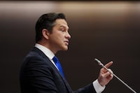 Conservative Leader Pierre Poilievre addresses his caucus on Parliament Hill in Ottawa on Wednesday, March 20, 2024. THE CANADIAN PRESS/Sean Kilpatrick