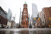 The Gooderham “Flatiron” building in Toronto, on Thursday Feb. 1, 2024. (Christopher Katsarov/The Globe and Mail)