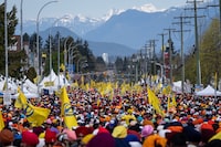 Khalistan flags fill the crowd at the Vaisakhi Parade in Surrey B.C, on Saturday, April 20, 2024. Ethan Cairns/The Globe and Mail
