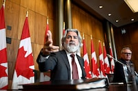 Minister of Canadian Heritage Pablo Rodriguez speaks during a news conference on Bill C-18, the Online News Act, along Bloc MP Martin Champoux, right, in Ottawa, on July 5.