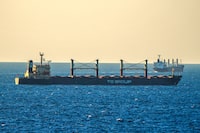 Bulk grain cargo ship TQ Samsun is anchored in the Black Sea near the entrance of the Bosphorus Strait in Istanbul, Turkey, Monday, July 17, 2023.