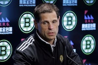 Boston Bruins general manager Don Sweeney speaks during a news conference at the hockey team's practice facility, Tuesday, Sept. 17, 2019, in Boston.Sweeney has been named Canada's GM for the inaugural NHL 4 Nations Face-Off tournament. THE CANADIAN PRESS/AP/Elise Amendola