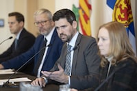 Minister of Housing, Infrastructure and Communities Sean Fraser, second from right, speaks to reporters with the Atlantic provincial housing ministers following their meeting in Halifax on Monday, Jan. 15, 2024. THE CANADIAN PRESS/Darren Calabrese