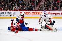 Nov 30, 2023; Montreal, Quebec, CAN; Montreal Canadiens right wing Josh Anderson (17) misses his shot on Florida Panthers goalie Sergei Bobrovsky (72) after being tripped during the first period at Bell Centre. Mandatory Credit: David Kirouac-USA TODAY Sports