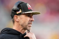 SANTA CLARA, CALIFORNIA - JANUARY 08: Head coach Kyle Shanahan of the San Francisco 49ers looks on during the game against the Arizona Cardinals at Levi's Stadium on January 08, 2023 in Santa Clara, California. (Photo by Thearon W. Henderson/Getty Images)