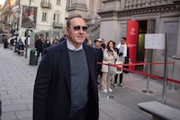 Actor Kevin Spacey leaves the National Museum of Cinema in Turin, Italy, Friday, Jan. 13, 2023. Kevin Spacey is scheduled to teach a class and being given an award at the National Museum of Cinema in Turin next Jan. 16. (Marco Alpozzi/LaPresse via AP)