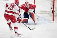 Carolina Hurricanes right wing Stefan Noesen (23) attempts a shot at Florida Panthers goaltender Sergei Bobrovsky (72) during the first period of Game 3 of the NHL hockey Stanley Cup Eastern Conference finals, Monday, May 22, 2023, in Sunrise, Fla. (AP Photo/Wilfredo Lee)