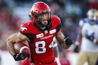 Calgary Stampeders' Reggie Begelton runs in a touchdown during CFL West Semifinal football action against the Winnipeg Blue Bombers, in Calgary, Sunday, Nov. 10, 2019. The former Calgary Stampeders star receiver signed a reserve/future deal with Green Bay on Monday. The CFL club released Begelton last week to allow him to pursue opportunities south of the border. THE CANADIAN PRESS/Jeff McIntosh