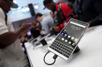 The new BlackBerry Key2 smartphone is displayed at a product launch event for the device in Manhattan in New York, U.S., June 7, 2018. REUTERS/Mike Segar - RC124C11FBC0