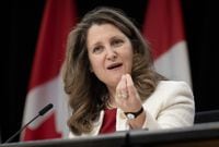 Deputy Prime Minister and Finance Minister Chrystia Freeland speaks at a news conference in Ottawa on Tuesday, Feb. 6, 2024. THE CANADIAN PRESS/Adrian Wyld