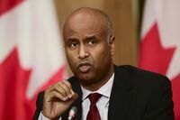 Social Development Minister Ahmed Hussen speaks during a news conference in Ottawa, on Oct. 27, 2020.