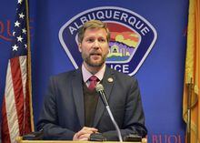 FILE - Albuquerque Mayor Tim Keller speaks at a news conference in Albuquerque, N.M., on Wednesday, Jan. 17, 2018. The American Civil Liberties Union of New Mexico and others are suing the city of Albuquerque to stop officials in the state's largest city from destroying homeless encampments and jailing and fining people who are living on the street. The lawsuit filed Monday, Dec. 19, 2022, accuses the city of violating the civil rights of what advocates describe as Albuquerque's most vulnerable population. Keller's office did not immediately respond to a message seeking comment on the lawsuit. (AP Photo/Mary Hudetz, File)