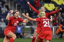 Canada forward Evelyne Viens (15) celebrates with Cloe Lacasse (20) after Viens scored a goal against Brazil during the second half of a SheBelieves Cup soccer match Sunday, Feb. 19, 2023, in Nashville.&nbsp;GE Appliances says it is offering sponsorship money in hopes of helping resolve the labour impasse between Canada Soccer and the women's national team.&nbsp;THE CANADIAN PRESS /AP-Mark Zalesk