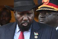 South Sudan's President Salva Kiir (L) looks on as he waits for the arrival of Pope Francis at the Presidential Palace in Juba, South Sudan, on February 3, 2023. - Pope Francis landed in Juba, in the first visit to South Sudan by a pope since the predominantly Christian nation gained independence from Muslim-majority Sudan in 2011 after decades of bloody struggle. (Photo by Tiziana FABI / AFP) (Photo by TIZIANA FABI/AFP via Getty Images)