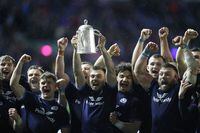 Rugby Union - Six Nations Championship - Scotland v England - BT Murrayfield Stadium, Edinburgh, Scotland, Britain - February 5, 2022 Scotland players celebrate with the Calcutta Cup after winning the match REUTERS/Russell Cheyne