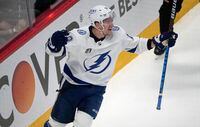 Tampa Bay Lightning left wing Ondrej Palat celebrates after scoring the go-ahead goal against the Colorado Avalanche during the third period of Game 5 of the NHL hockey Stanley Cup Final, Friday, June 24, 2022, in Denver. (AP Photo/David Zalubowski)