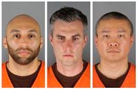 In an image provided by the Hennepin County Sheriff's Office, the former Minneapolis police officers J. Alexander Kueng, Thomas Lane and Tou Thao. The federal trial of three former Minneapolis police officers charged with violating George FloydÕs civil rights was postponed on Feb. 2, 2022 after one of the former officers tested positive for the coronavirus.  (Hennepin County Sheriff's Office via The New York Times) Ñ FOR EDITORIAL USE ONLY Ñ