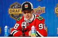 NASHVILLE, TENNESSEE - JUNE 28: Connor Bedard speaks to the media after being selected by the Chicago Blackhawks with the first overall pick during round one of the 2023 Upper Deck NHL Draft at Bridgestone Arena on June 28, 2023 in Nashville, Tennessee. (Photo by Jason Kempin/Getty Images)