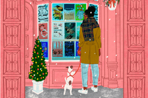 An illustration of a person window shopping in the snow. 