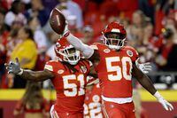 KANSAS CITY, MISSOURI - OCTOBER 12: Willie Gay #50 of the Kansas City Chiefs celebrates after recovering a fumble against the Denver Broncos during the fourth quarter at GEHA Field at Arrowhead Stadium on October 12, 2023 in Kansas City, Missouri. (Photo by Jamie Squire/Getty Images)
