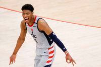 WASHINGTON, DC - MAY 31: Rui Hachimura #8 of the Washington Wizards celebrates in the fourth quarter against the Philadelphia 76ers during Game Four of the Eastern Conference first round series at Capital One Arena on May 31, 2021 in Washington, DC. NOTE TO USER: User expressly acknowledges and agrees that, by downloading and or using this photograph, User is consenting to the terms and conditions of the Getty Images License Agreement. (Photo by Tim Nwachukwu/Getty Images)